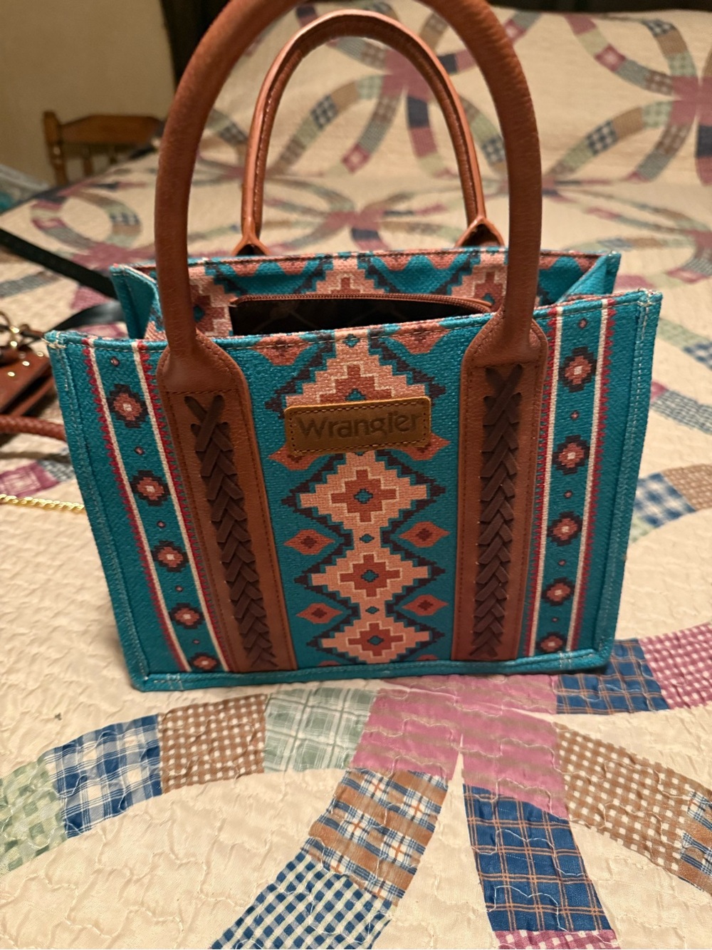 Wrangler Turquoise Aztec Tote with Brown Trim